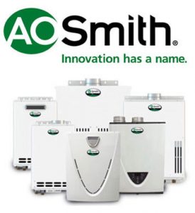 Tankless water heaters with AO Smith Logo and tag-line, "Innovation has a name."