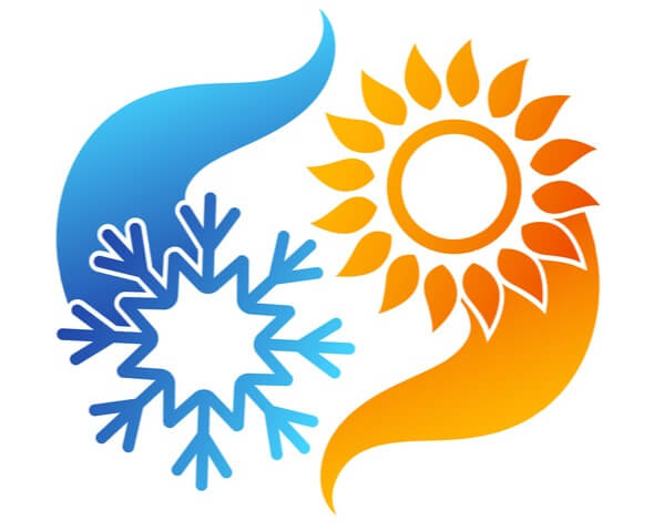 A sun and snowflake yin yang graphic.
