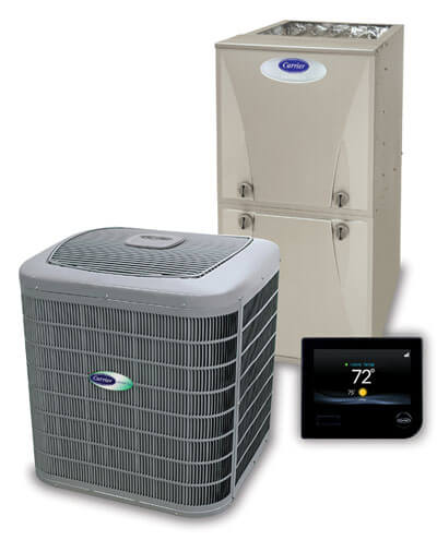 A Carrier AC compressor unit, furnace and a digital thermostat controller.